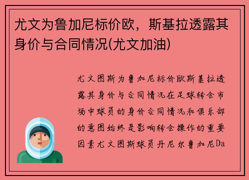 尤文为鲁加尼标价欧，斯基拉透露其身价与合同情况(尤文加油)