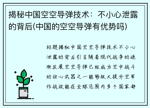 揭秘中国空空导弹技术：不小心泄露的背后(中国的空空导弹有优势吗)