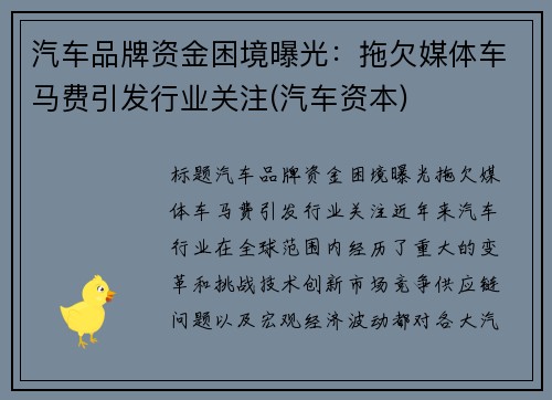 汽车品牌资金困境曝光：拖欠媒体车马费引发行业关注(汽车资本)